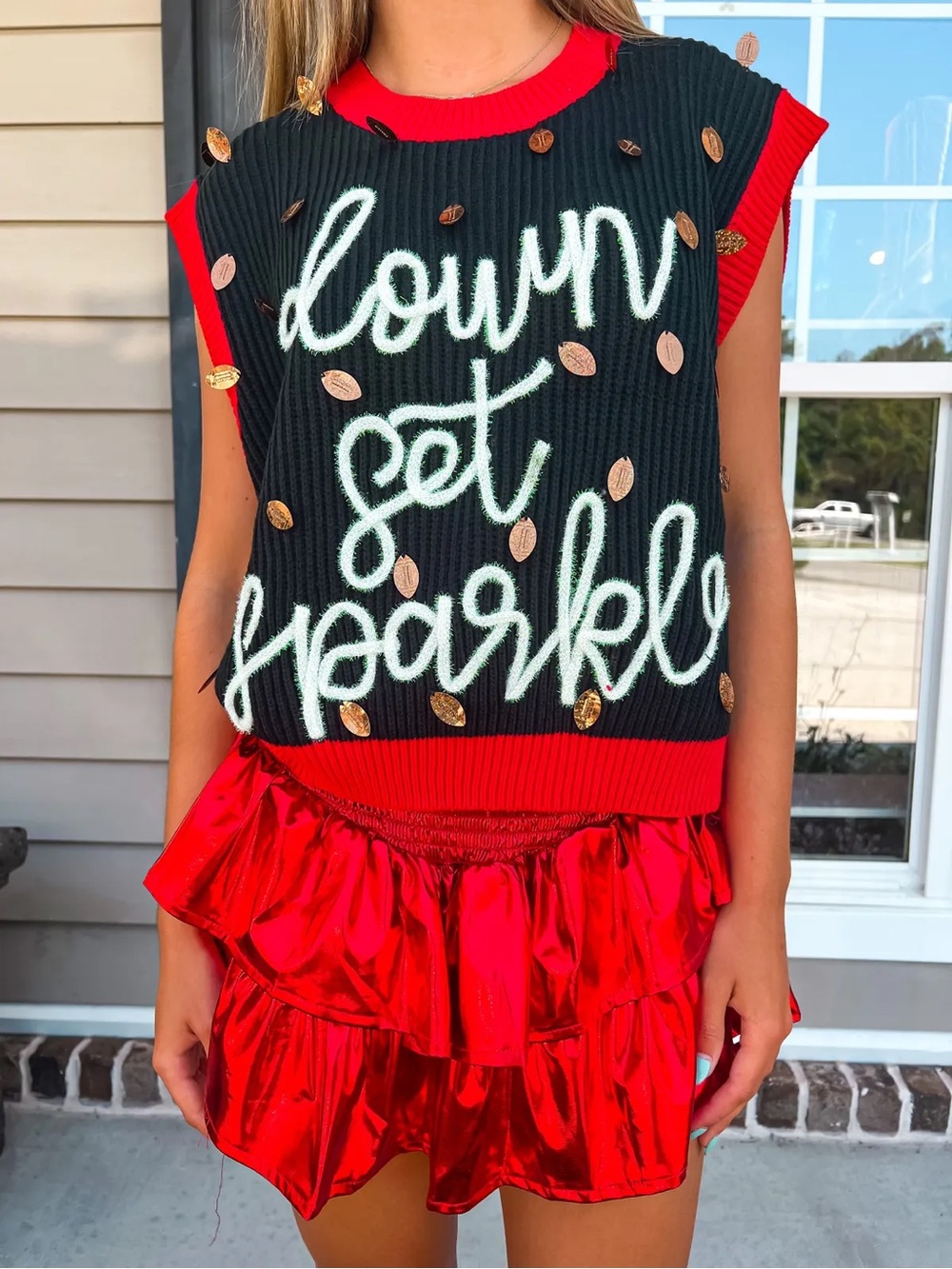 NWT Queen of Sparkle 'Down Set Sparkle' Sweater Vest Black Red Game Day Shirt